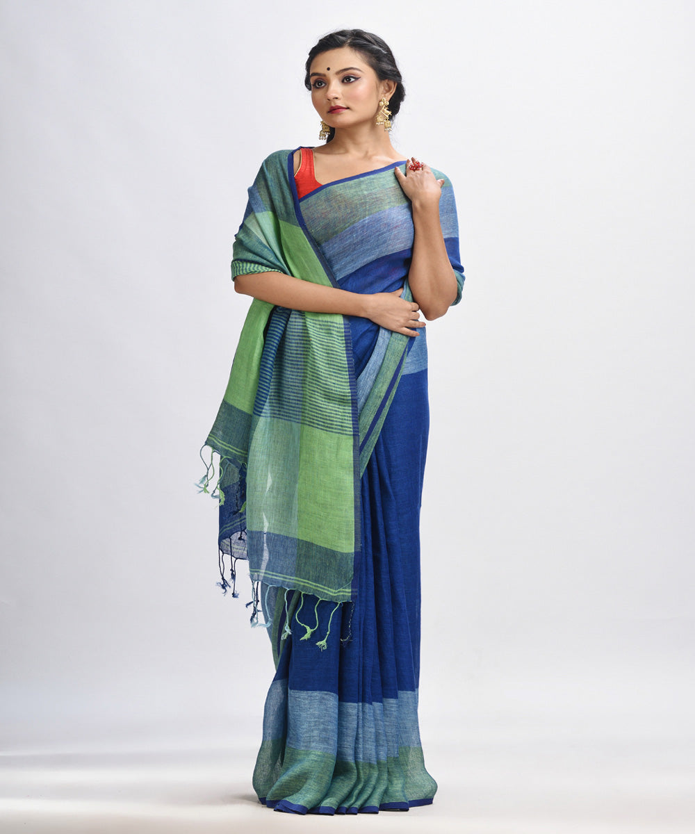 Midnight blue handloom linen with stipes pallu saree