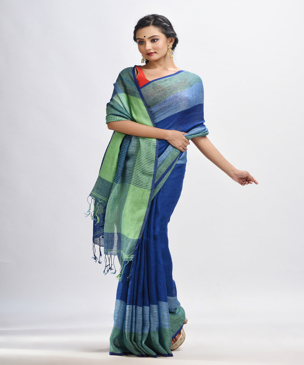 Midnight blue handloom linen with stipes pallu saree