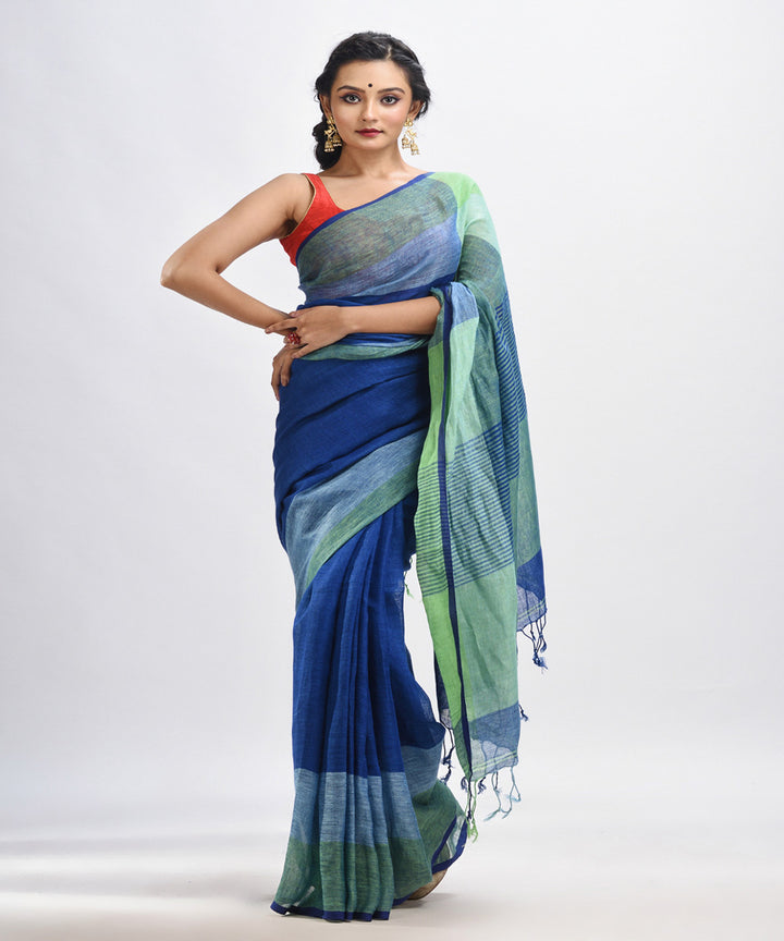 Midnight blue handloom linen with stipes pallu saree
