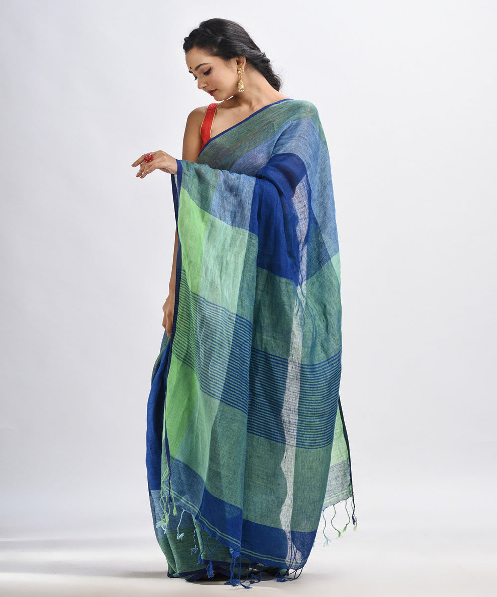 Midnight blue handloom linen with stipes pallu saree