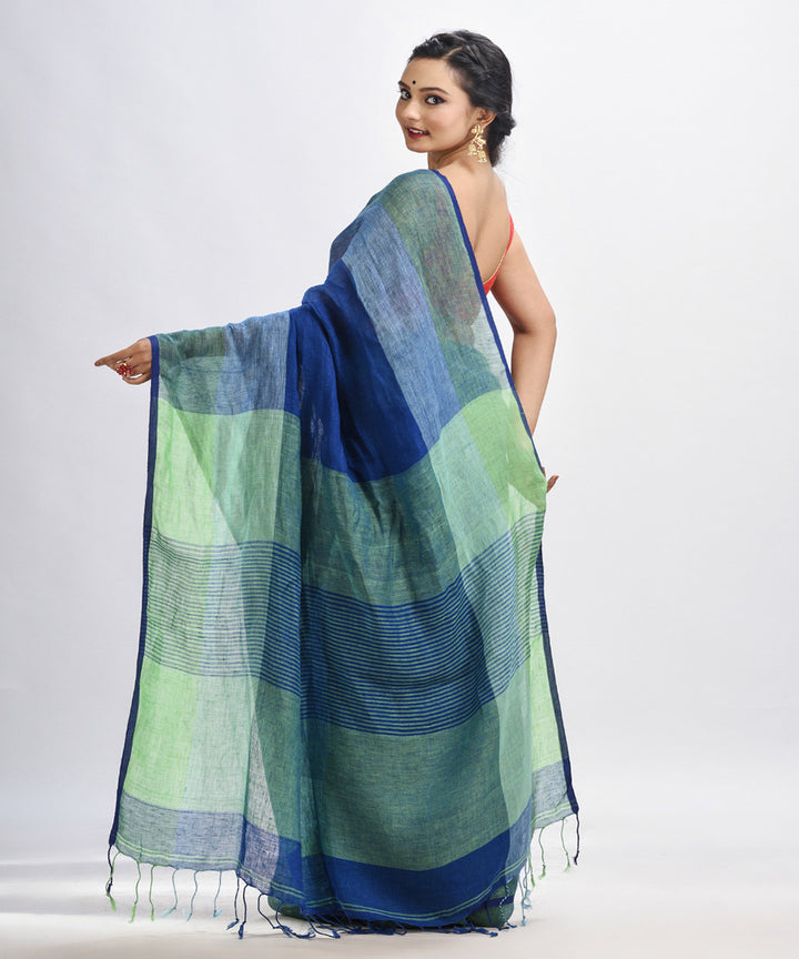Midnight blue handloom linen with stipes pallu saree