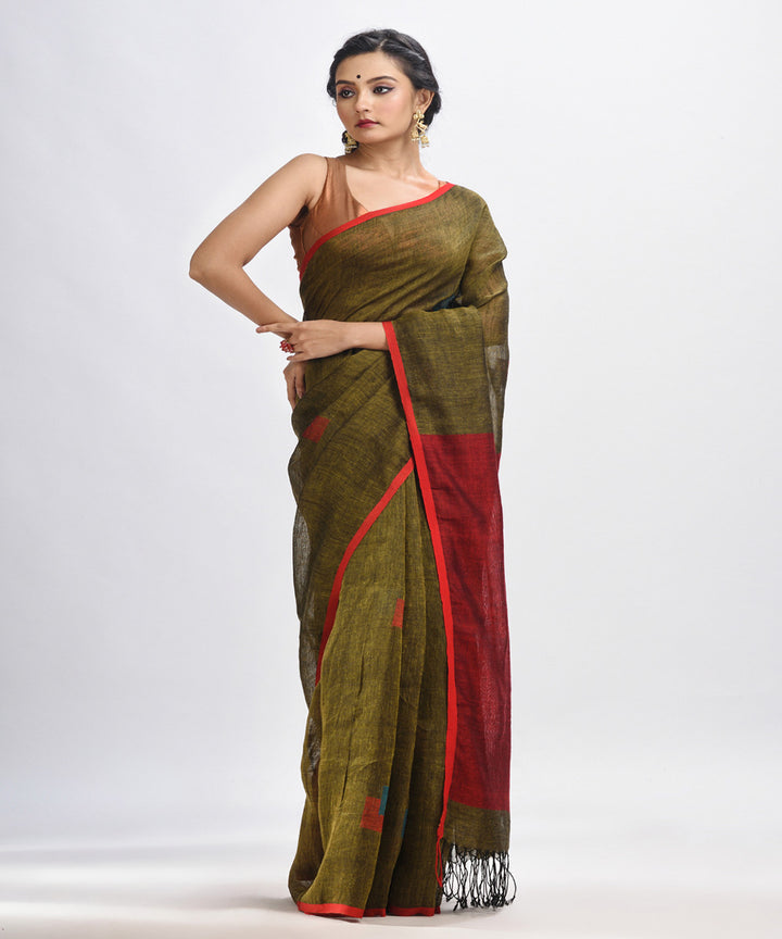 Olive green red handloom linen bengal saree