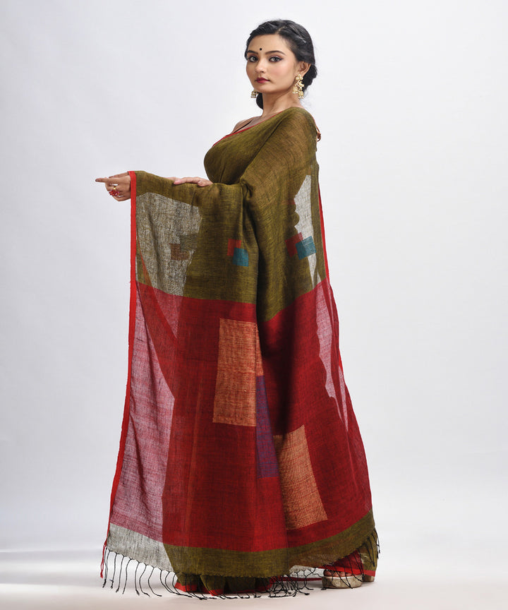 Olive green red handloom linen bengal saree