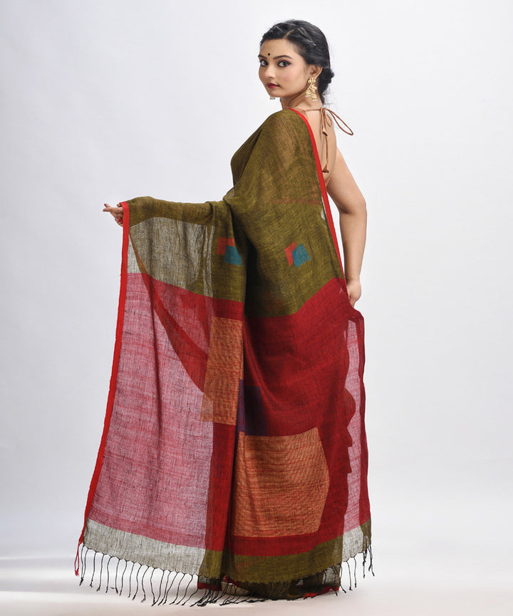 Olive green red handloom linen bengal saree