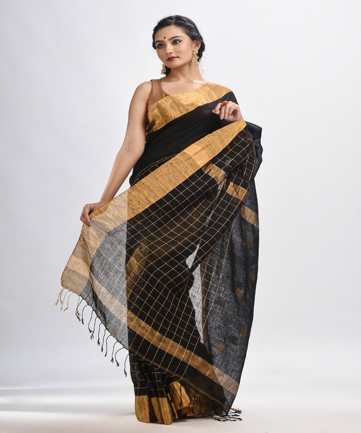 Black handloom linen half check and half plain bengal saree