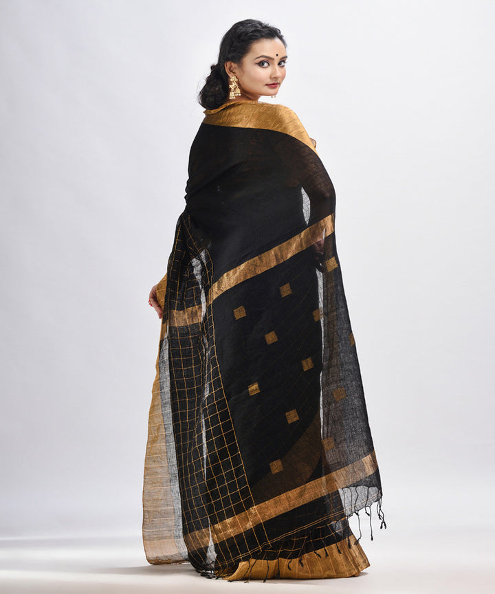 Black handloom linen half check and half plain bengal saree