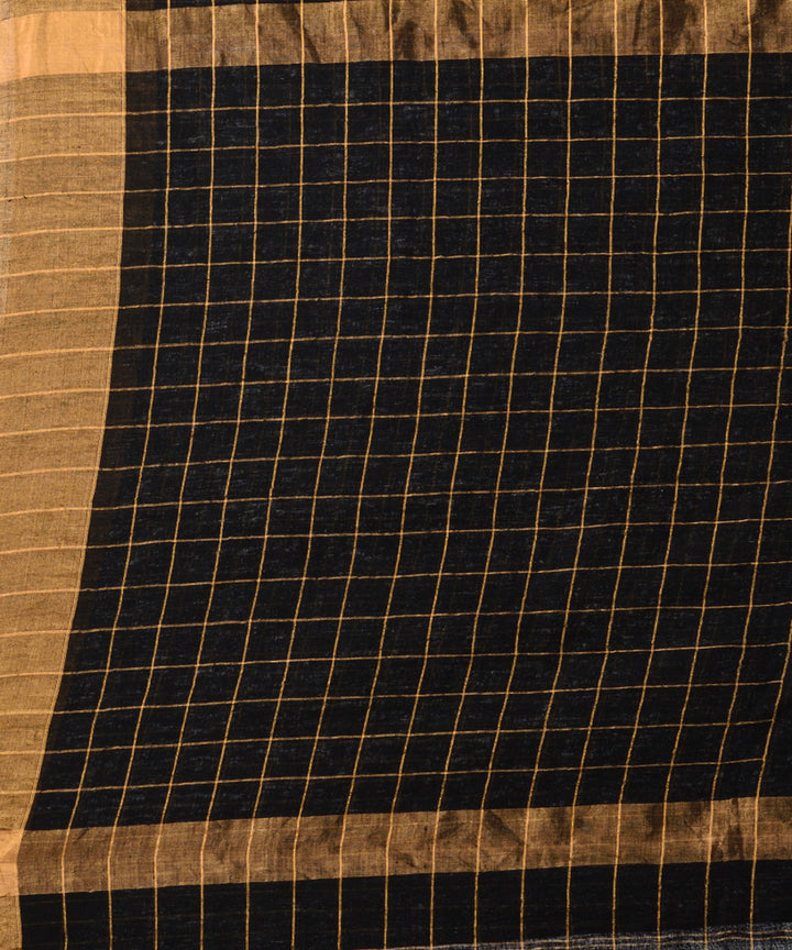 Black handloom linen half check and half plain bengal saree