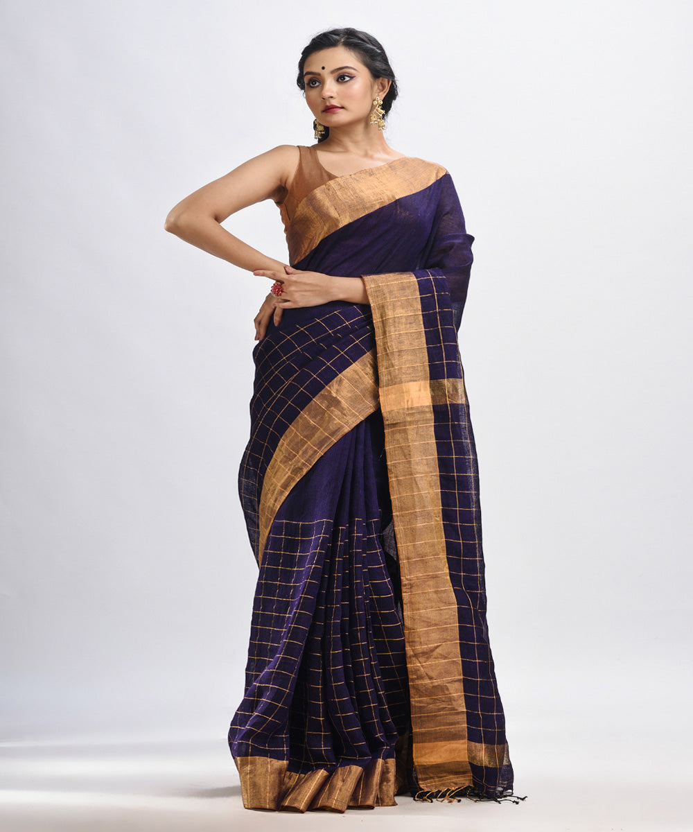 Voilet handloom linen half check and half plain bengal saree