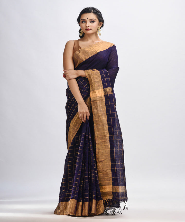 Voilet handloom linen half check and half plain bengal saree