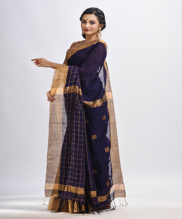 Voilet handloom linen half check and half plain bengal saree
