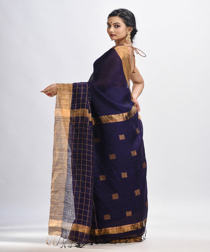 Voilet handloom linen half check and half plain bengal saree