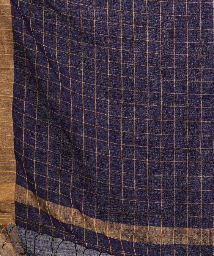 Voilet handloom linen half check and half plain bengal saree