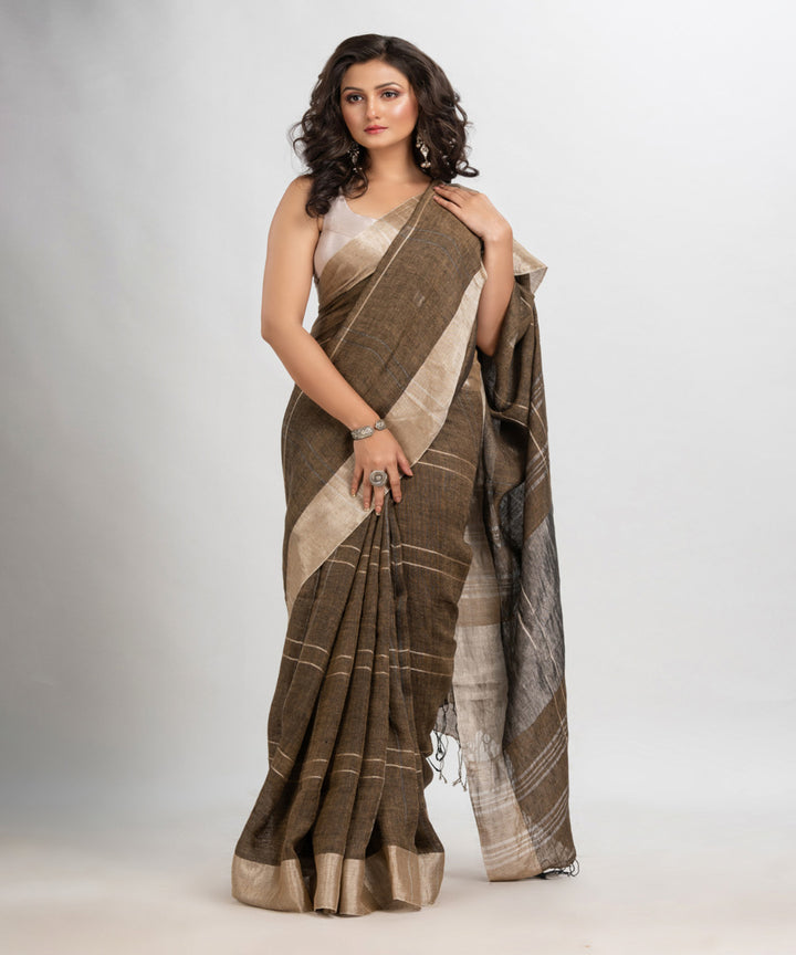 Yellow grey handwoven linen jamdani saree