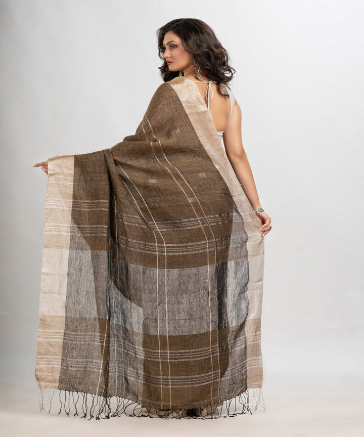 Yellow grey handwoven linen jamdani saree