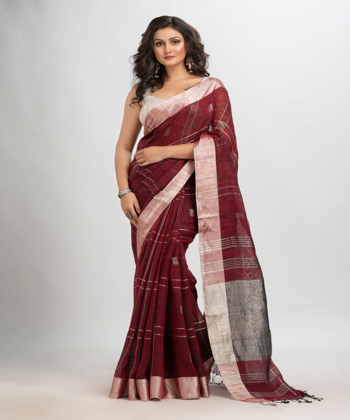 Maroon handwoven linen jamdani saree