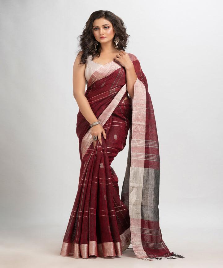 Maroon handwoven linen jamdani saree