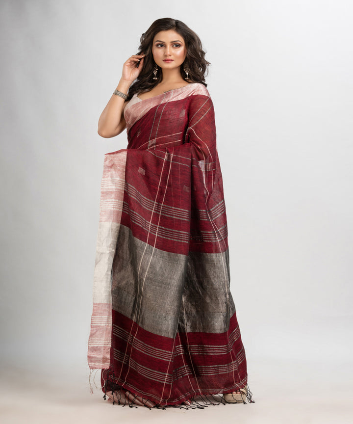 Maroon handwoven linen jamdani saree