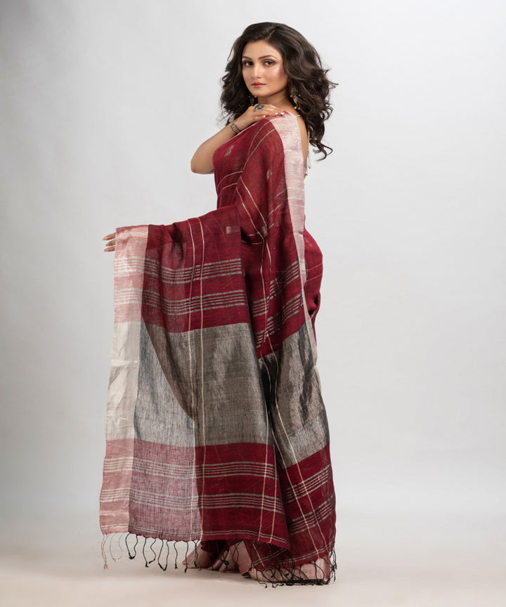 Maroon handwoven linen jamdani saree