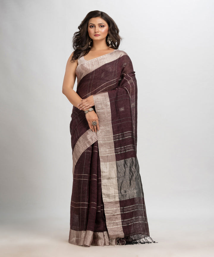 Brown coffee handwoven linen jamdani saree