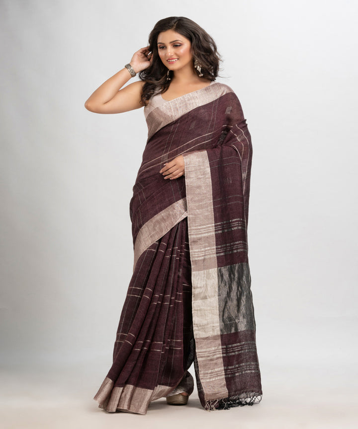 Brown coffee handwoven linen jamdani saree