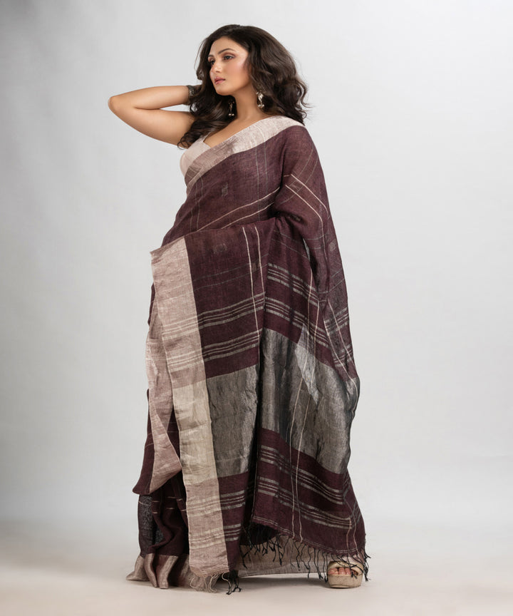 Brown coffee handwoven linen jamdani saree