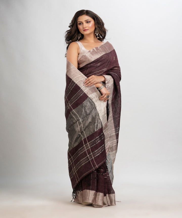 Brown coffee handwoven linen jamdani saree