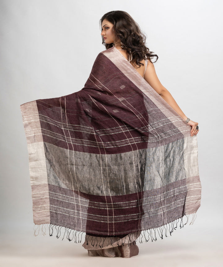 Brown coffee handwoven linen jamdani saree