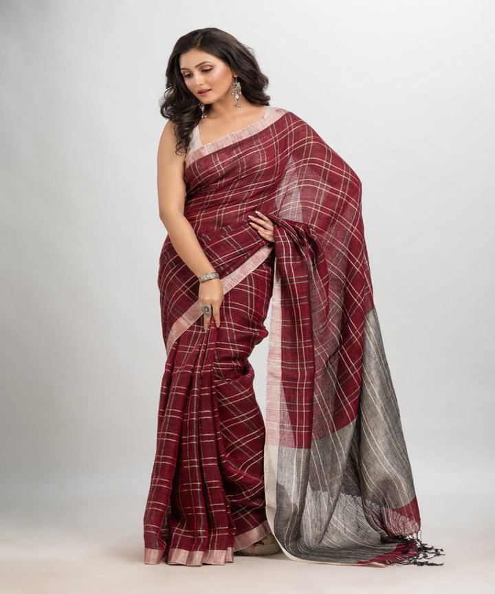 Maroon handloom linen with silver zari bengal saree