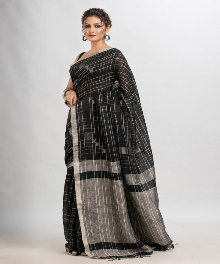Black handwoven linen zari border and pallu bengal saree