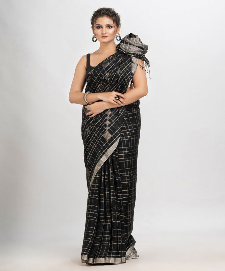 Black handwoven linen zari border and pallu bengal saree