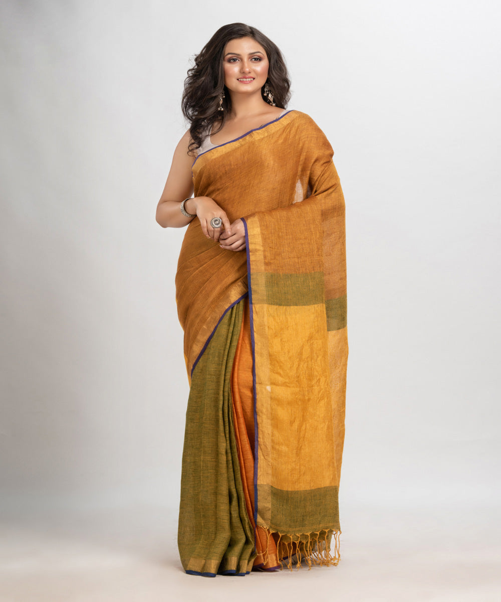 Golden brown handloom linen bengal saree