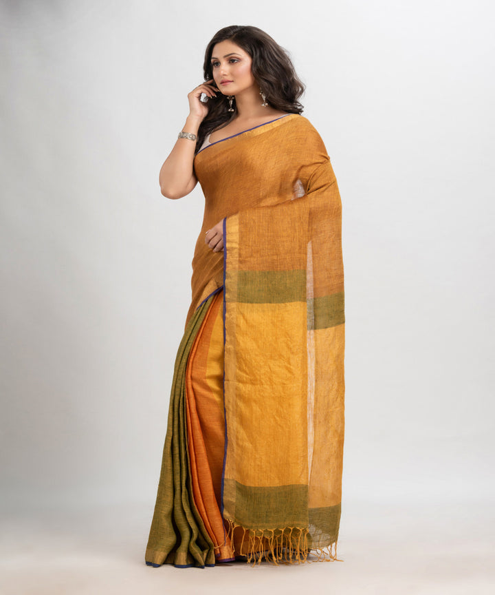 Golden brown handloom linen bengal saree