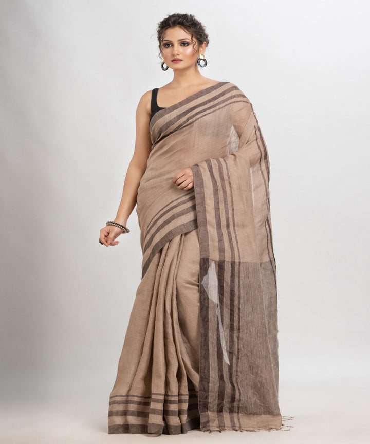 Dark muga color handloom linen bengal saree