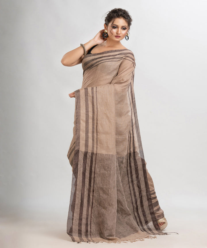 Dark muga color handloom linen bengal saree