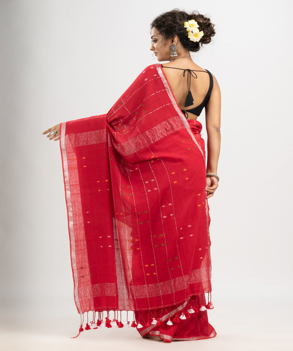Red cotton golden zari stripes handloom saree