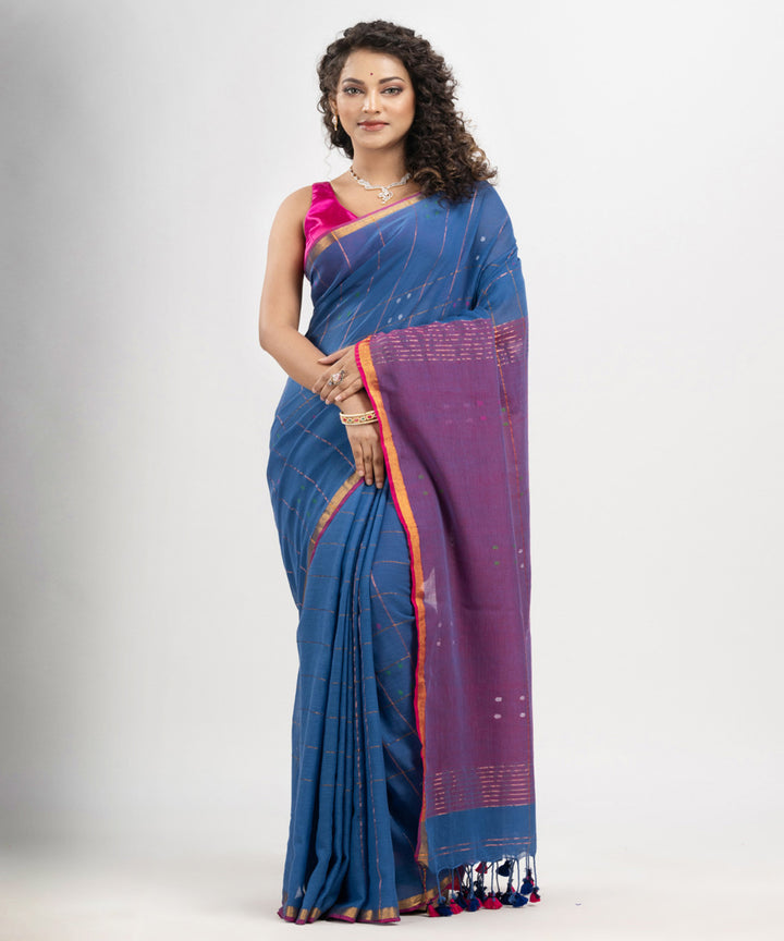 Denim blue cotton golden zari stripes handloom saree