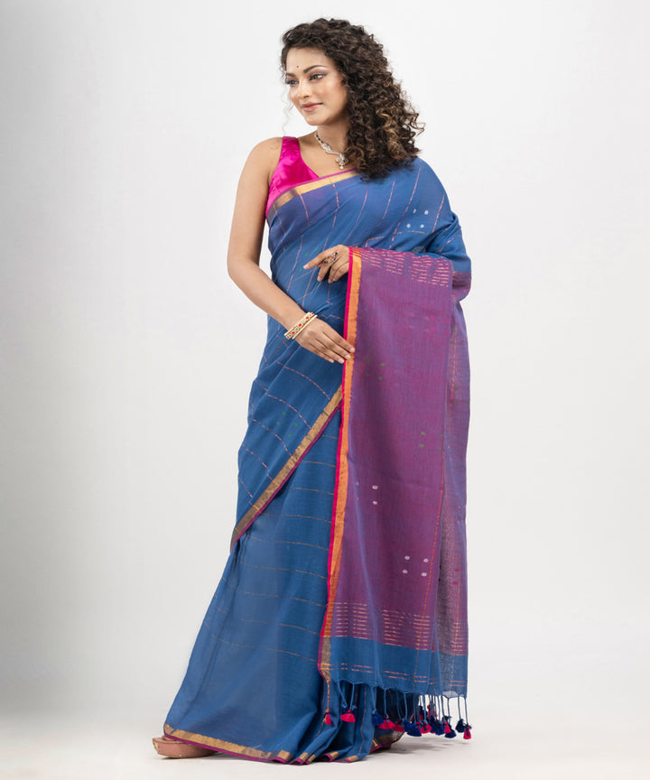 Denim blue cotton golden zari stripes handloom saree