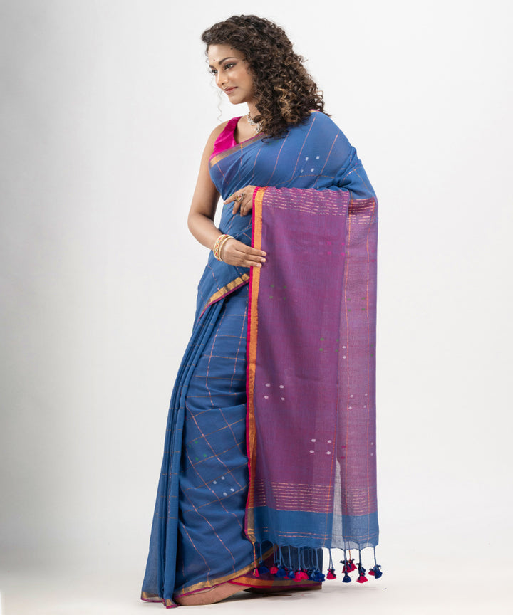 Denim blue cotton golden zari stripes handloom saree