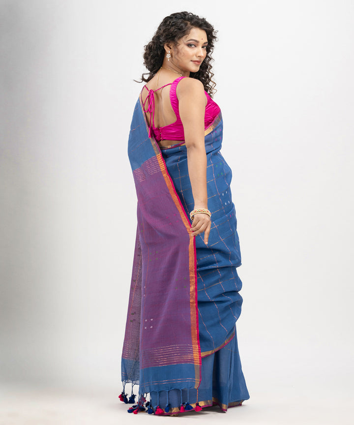 Denim blue cotton golden zari stripes handloom saree