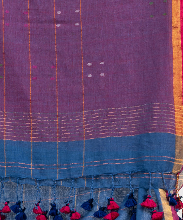 Denim blue cotton golden zari stripes handloom saree