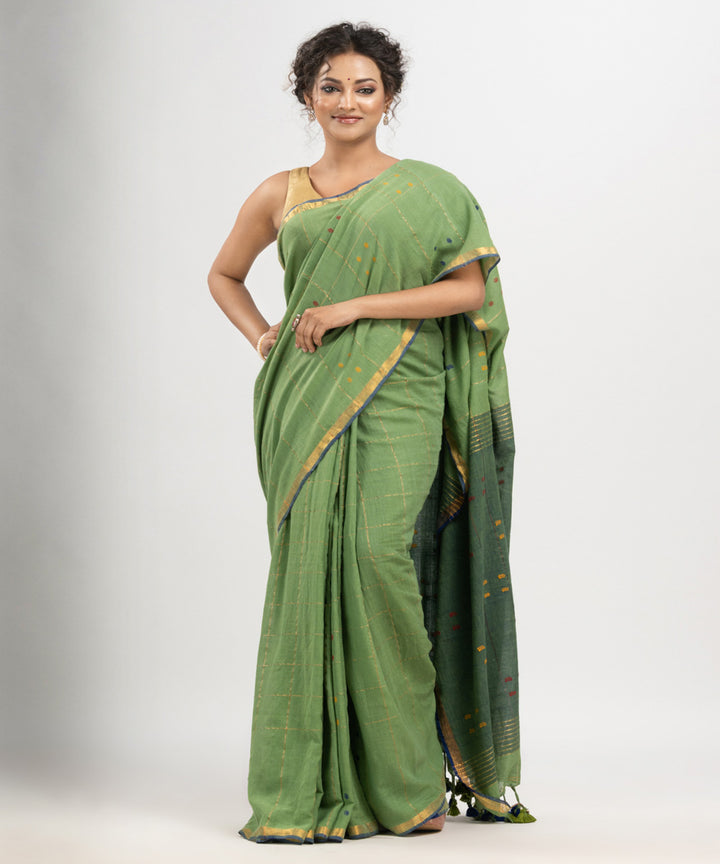 Fern green cotton golden zari stripes handloom saree