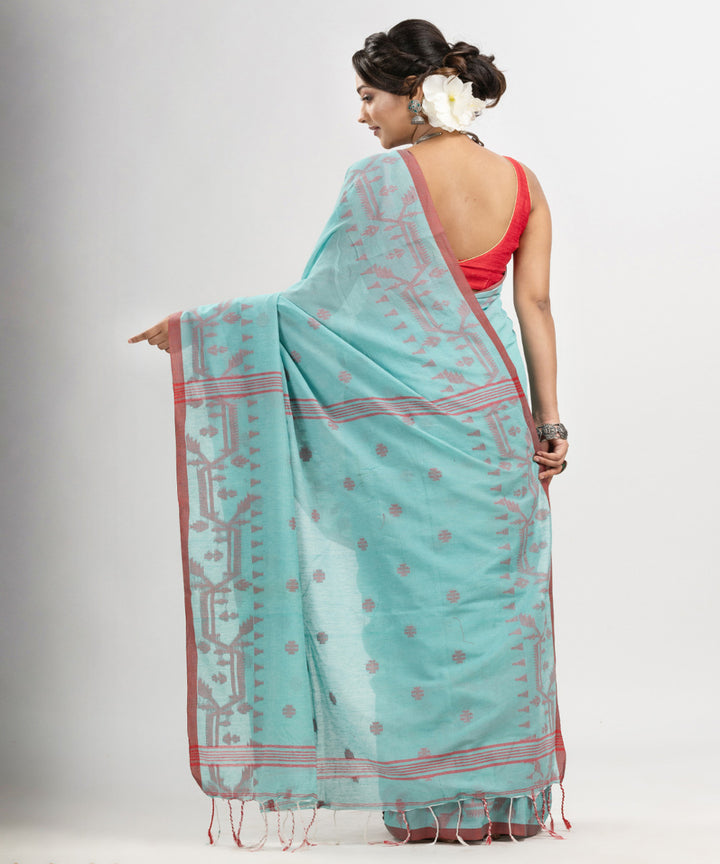 Electric blue cotton handloom jacquard jamdani saree