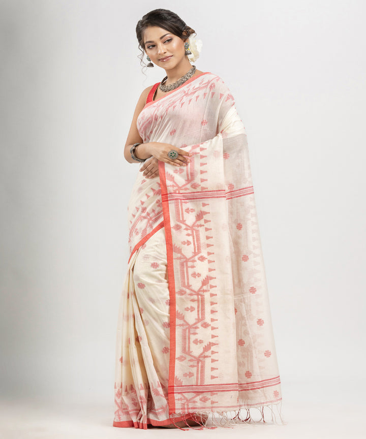 White red cotton handloom jacquard jamdani saree