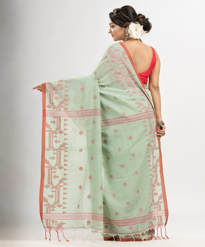 Sage green red cotton handloom jacquard jamdani saree