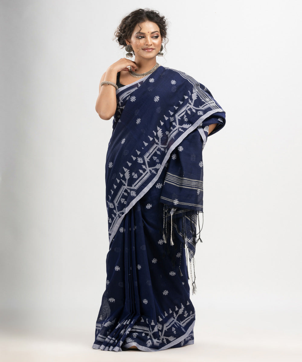 Navy blue cotton handloom jacquard jamdani saree