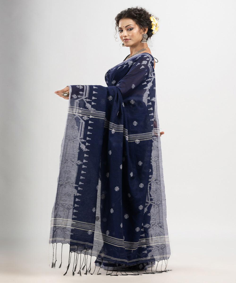 Navy blue cotton handloom jacquard jamdani saree