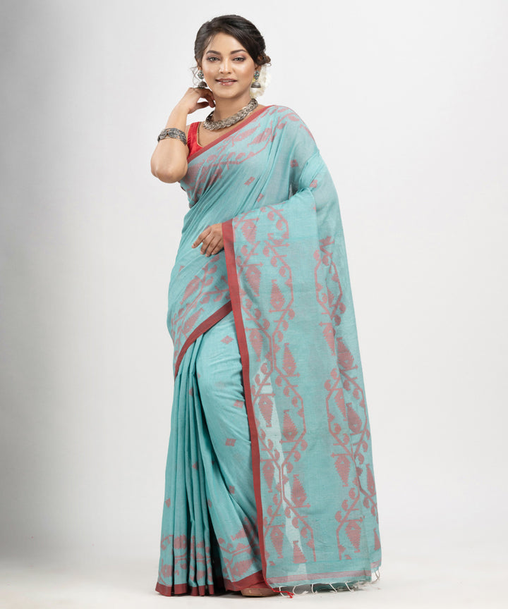 Auqa blue red cotton handwoven jacquard saree