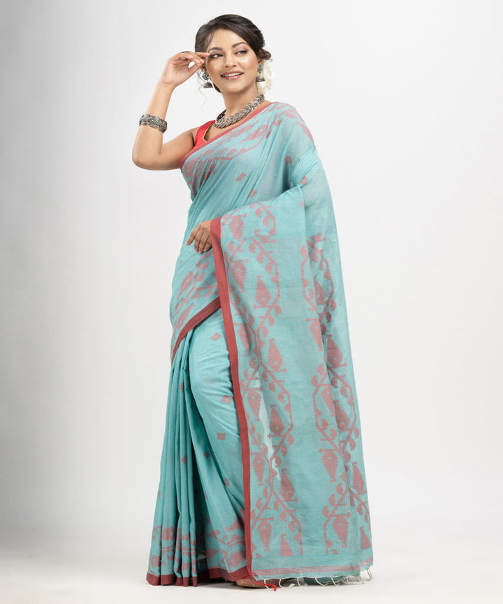 Auqa blue red cotton handwoven jacquard saree
