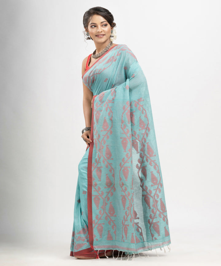 Auqa blue red cotton handwoven jacquard saree