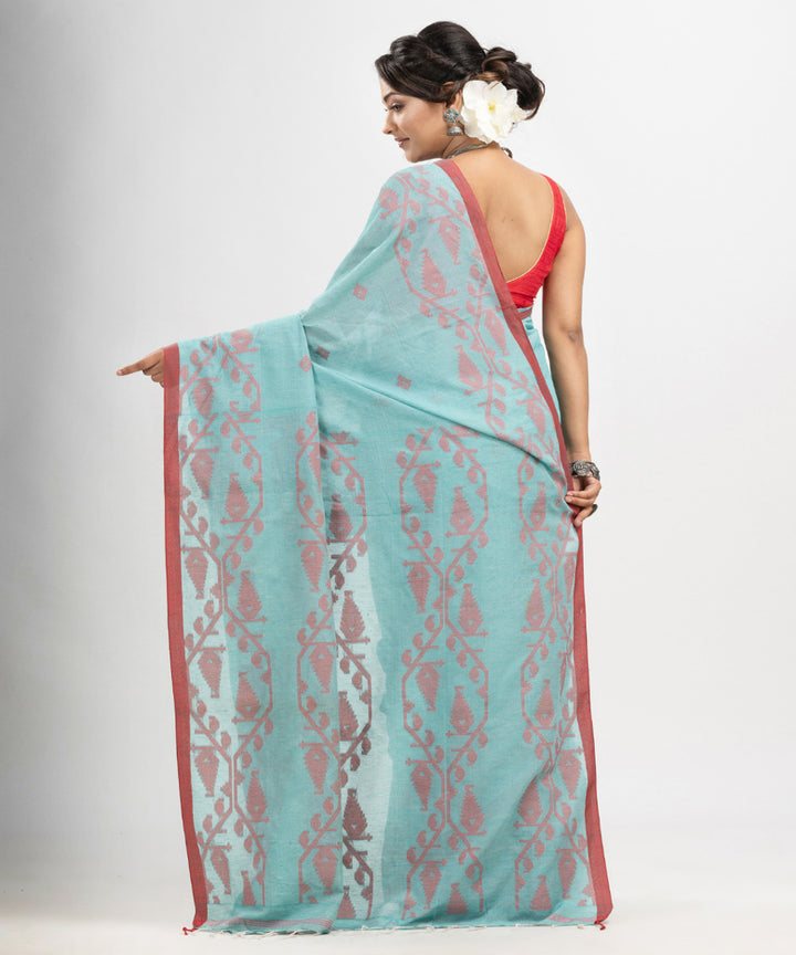 Auqa blue red cotton handwoven jacquard saree